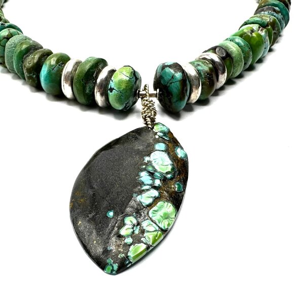 Vintage Sterling Silver & Turquoise Rondelle Necklace with Matrix Pendant — EUC - Picture 2 of 12